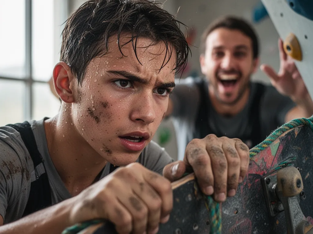 Closeup of focused athlete's face showing determination with supportive mentor visible in background