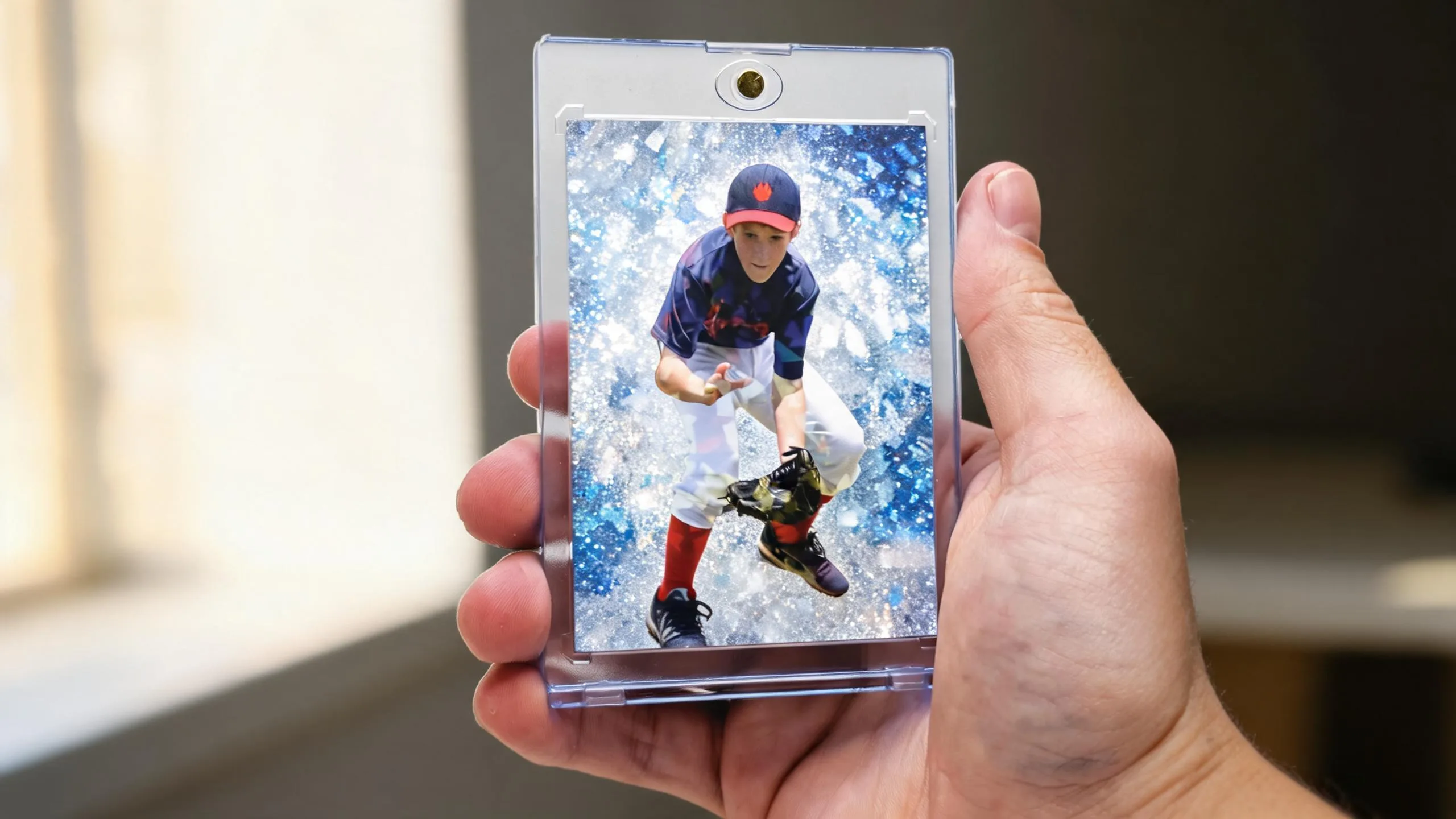 Hand holding magnetic case with silver-blue refractor athlete card, banquet ideas for sports keepsake.