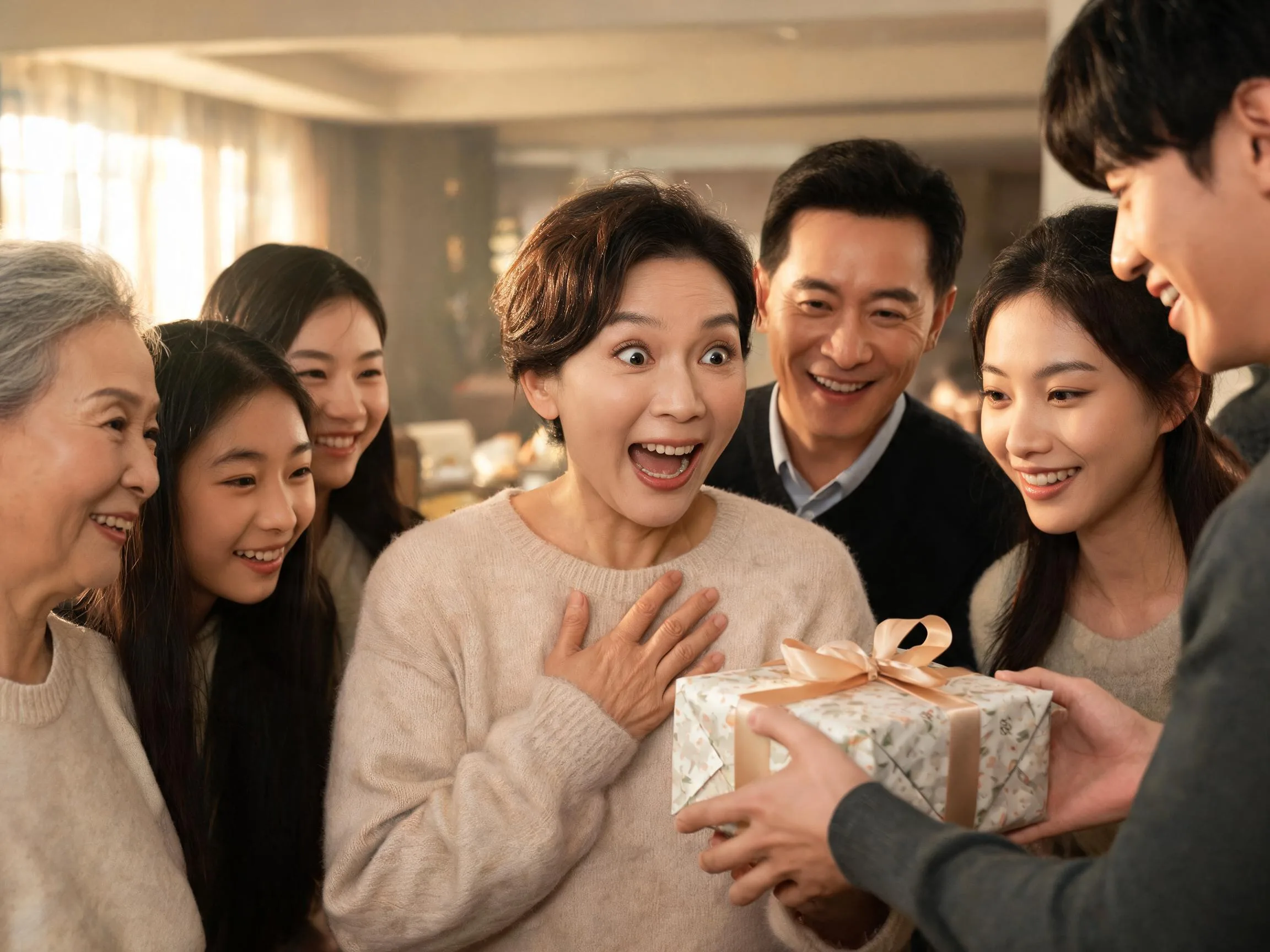 Person surprised by an unexpected gift, joyful reaction among family in warm light.
