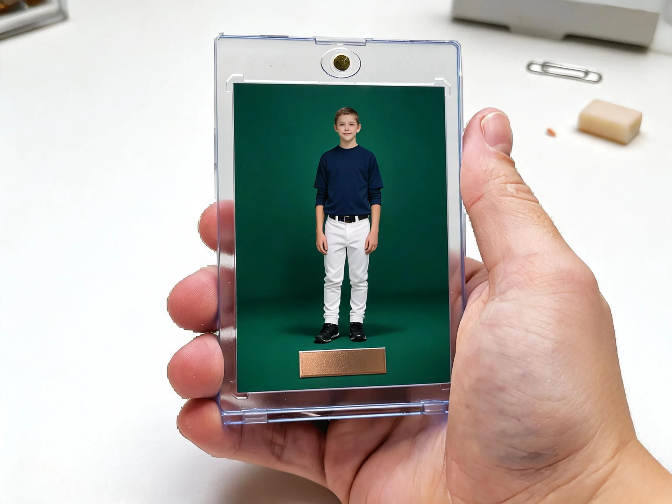 Hand holding custom keepsake trading card in clear magnetic display case.