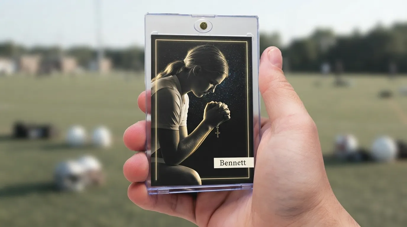 Hand holding magnetic case with baptism gift sports trading card, dramatic rim-lit athlete design.