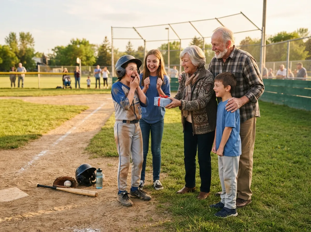 Family surprises young athlete with a wrapped gift on a sunny sports field.