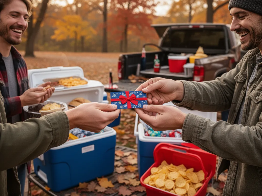 [Hands exchanging gift card at outdoor tailgate party with friends celebrating nearby]