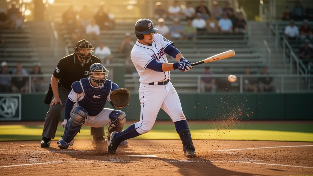 Baseball player swinging bat during game with catcher and umpire in background under bright sunlight