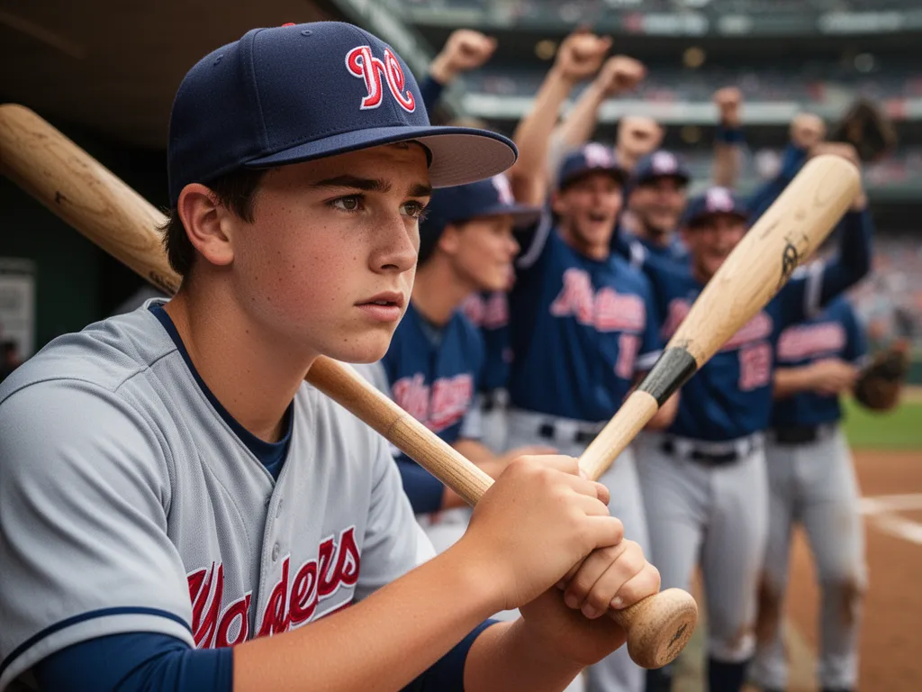 Young baseball player concentrating in dugout with blurred teammates celebrating behind him