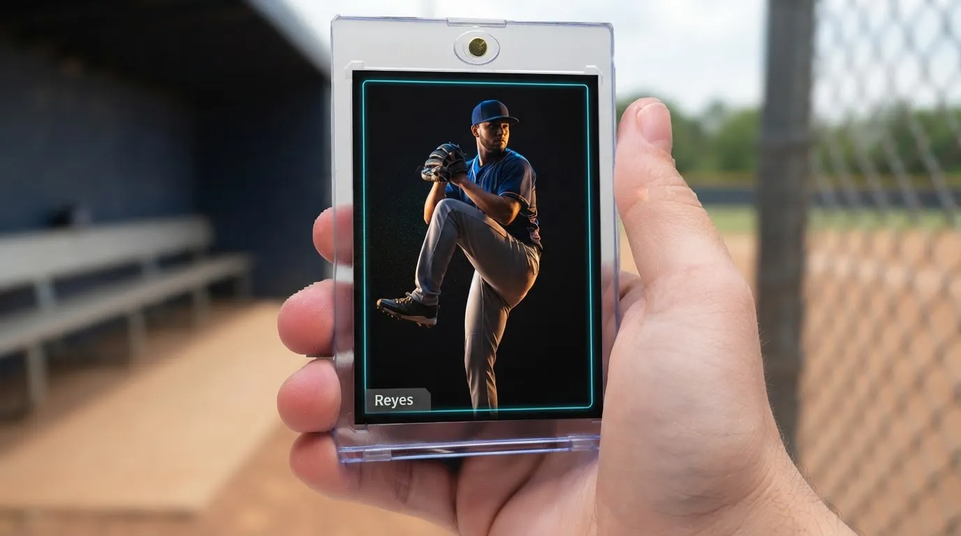 Hand holding magnetic case with near-black baseball business card showing pitcher lit by neon rim light.
