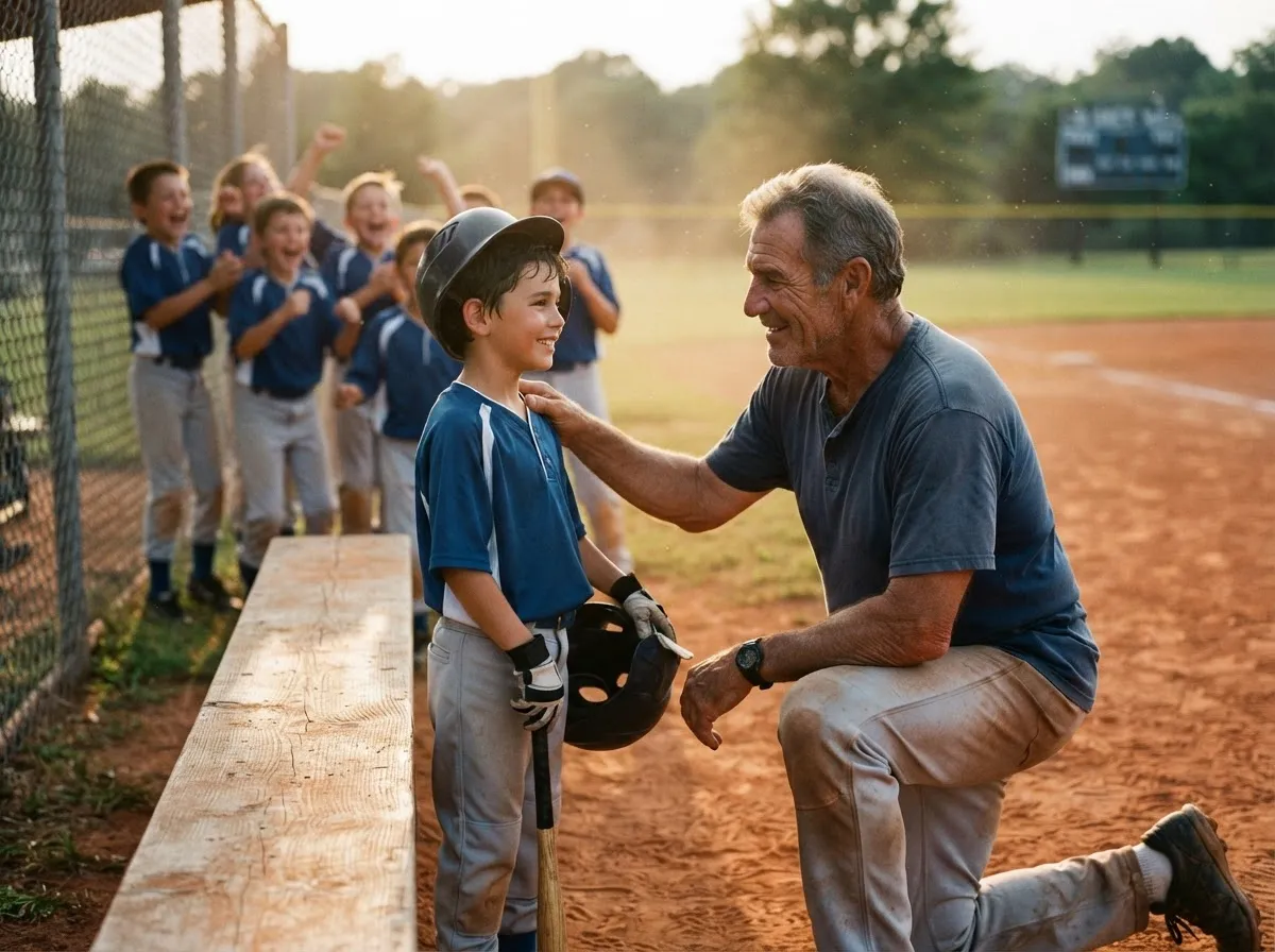Coach and young baseball player share a proud, warm moment near the dugout fence.