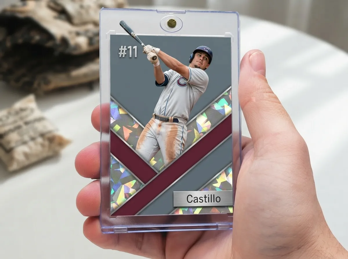 Custom baseball trading card in magnetic case with chrome diagonal frame around batter photo.