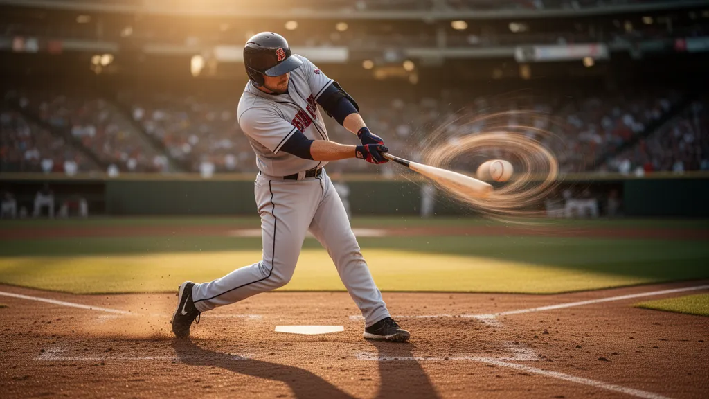 Baseball player swinging bat mid-pitch with dynamic motion and stadium background