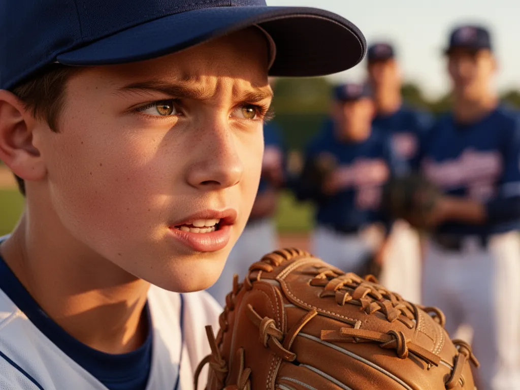 Young baseball player's determined expression wearing glove during game focus moment