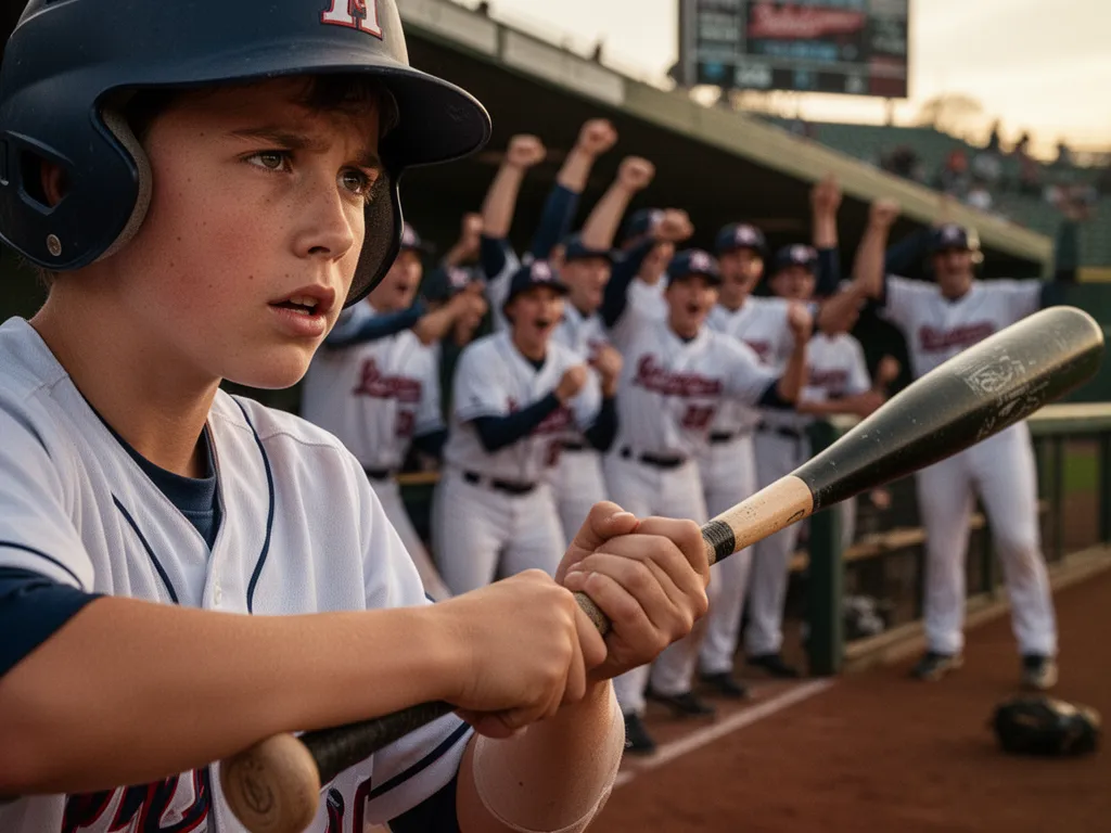 Young baseball player's focused face gripping bat with celebrating teammates blurred in background dugout