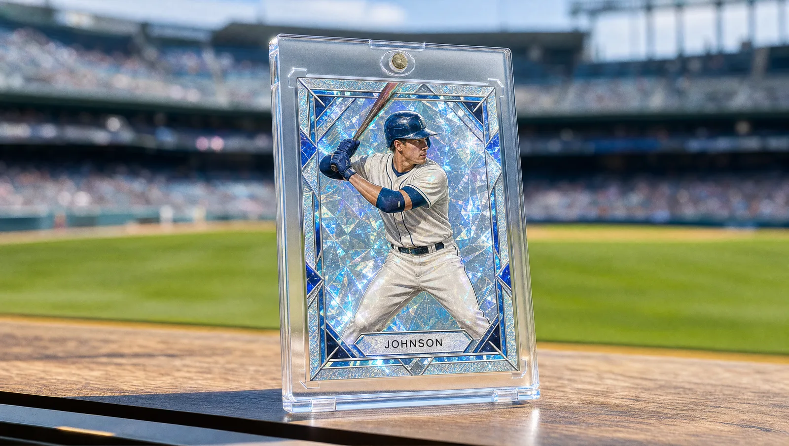 Custom baseball card brands shown in a clear magnetic display case
