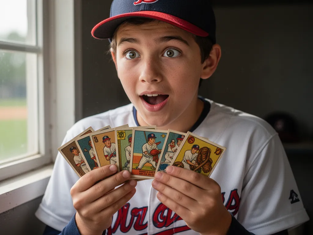 [Young player examining and holding collection of classic baseball cards with enthusiasm]