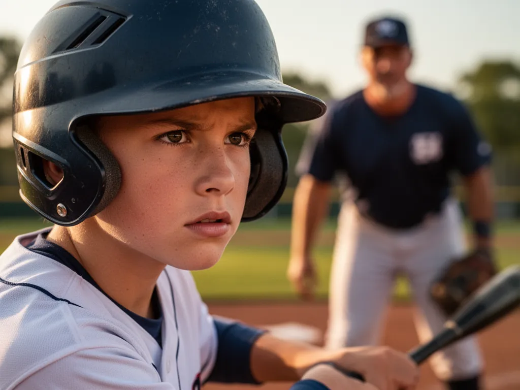 Young baseball player concentrating in batter's box with coach visible behind