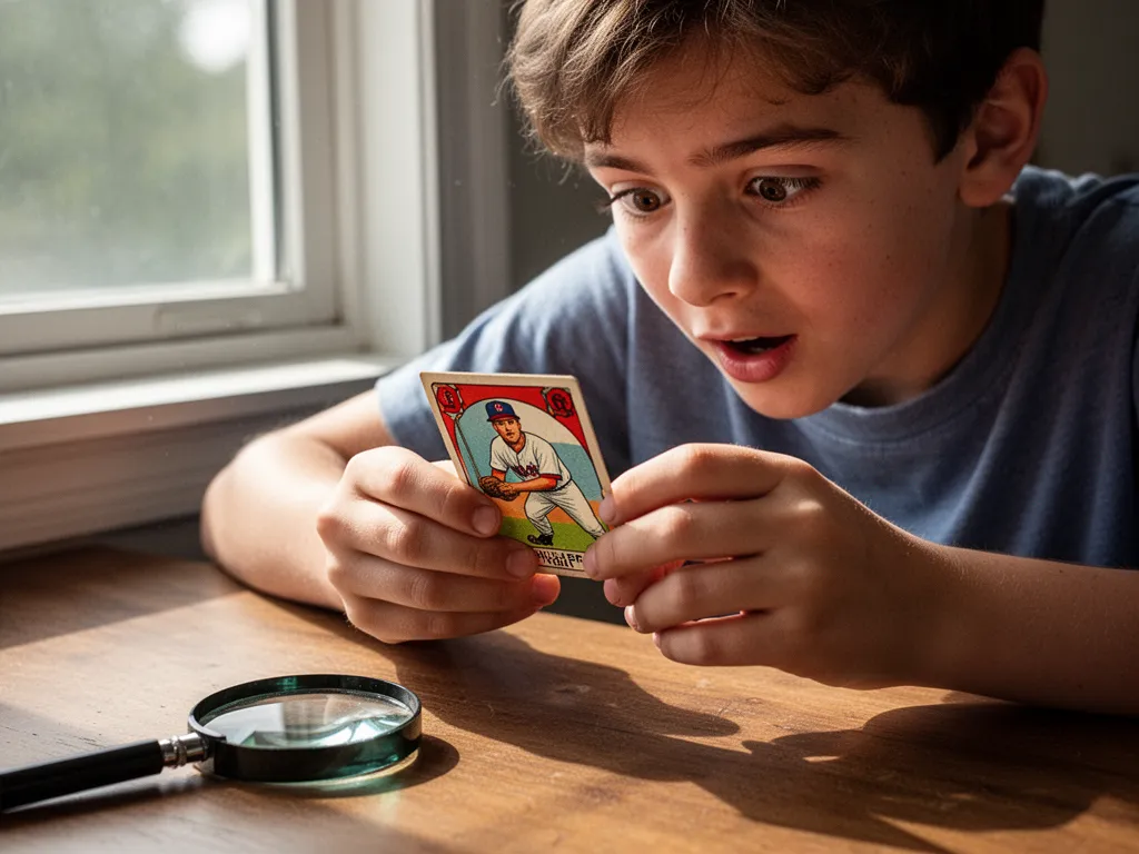 [Child's hands holding and inspecting vintage baseball card with magnifying glass]