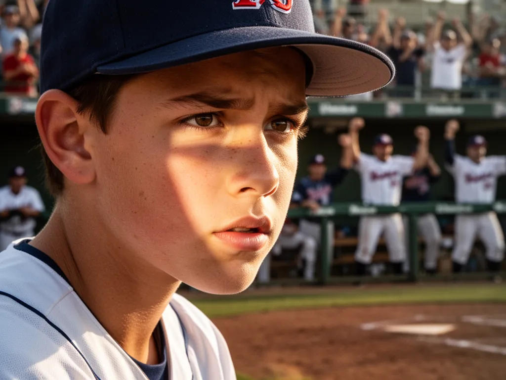 [Young baseball player's concentrated face during at-bat with teammates celebrating in blurred background]