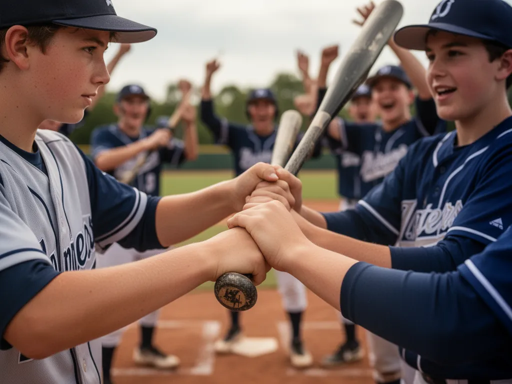 [Young baseball player gripping bat with determined expression and cheering teammates behind]