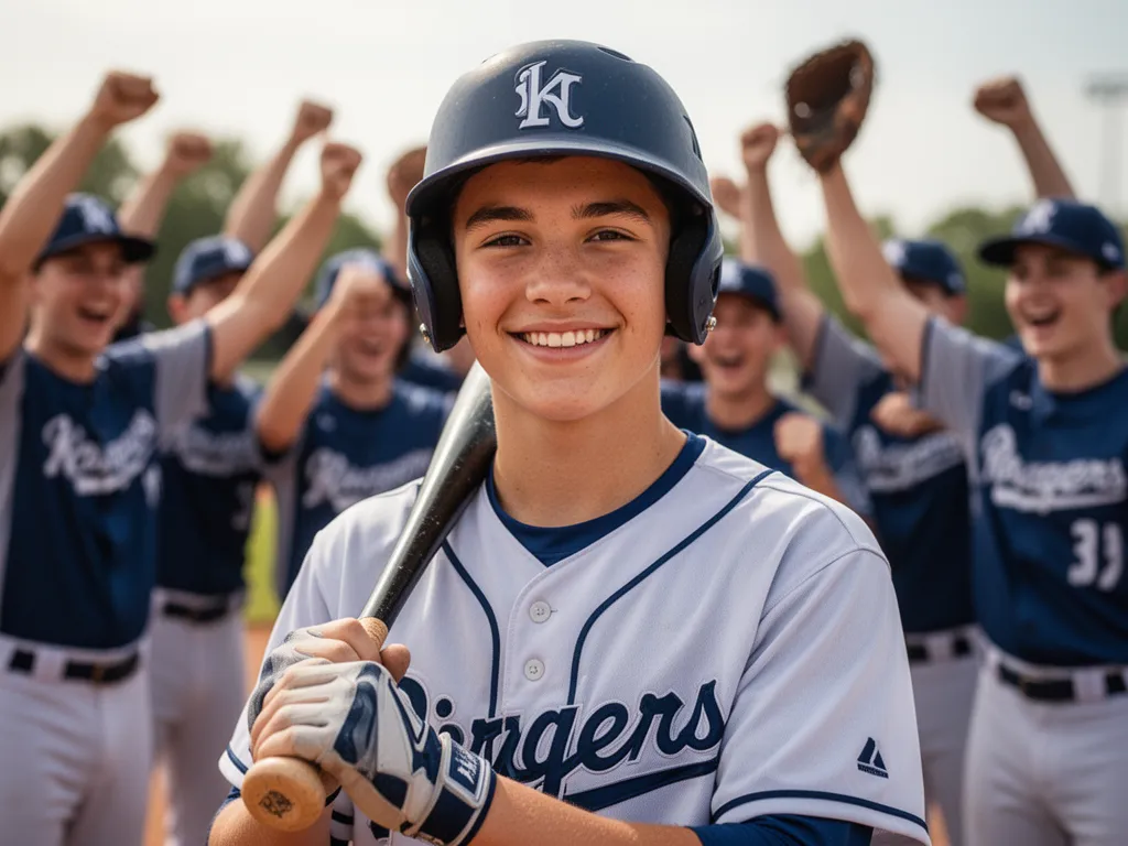 Young baseball player smiling with teammates celebrating in blurred background