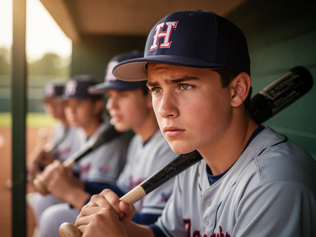 Young baseball player concentrating in dugout wearing team cap with teammates nearby
