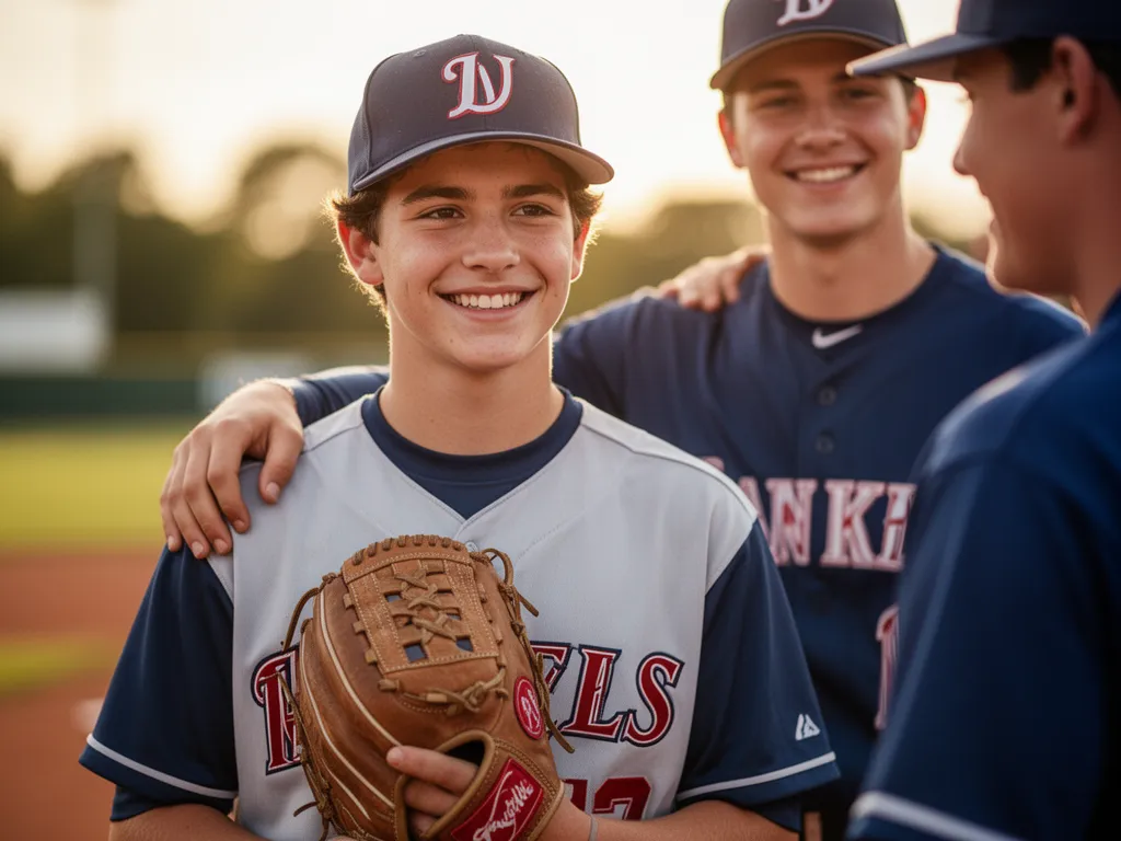 Young baseball player smiling with teammate's arm around shoulder showing team friendship