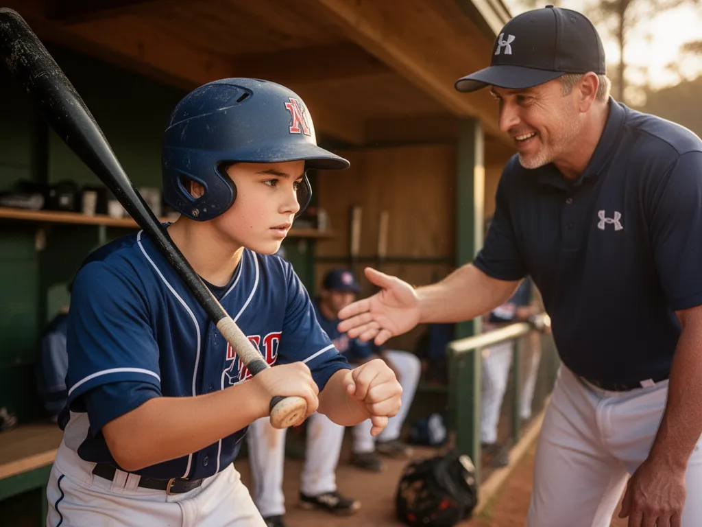 Young baseball player focused at bat with coach providing guidance in dugout setting