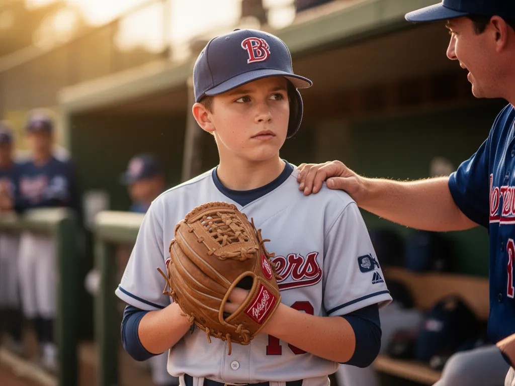 Young baseball player smiling with teammate's supportive hand on shoulder in dugout