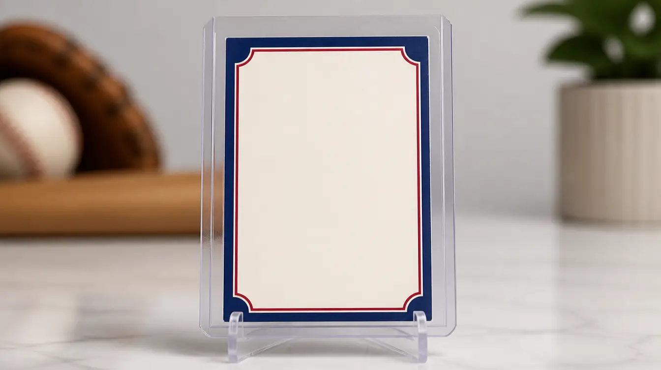 A blank baseball trading card displayed upright in a stand