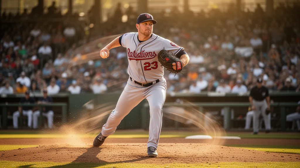 Baseball pitcher in mid-throw on bright outdoor field during competitive game