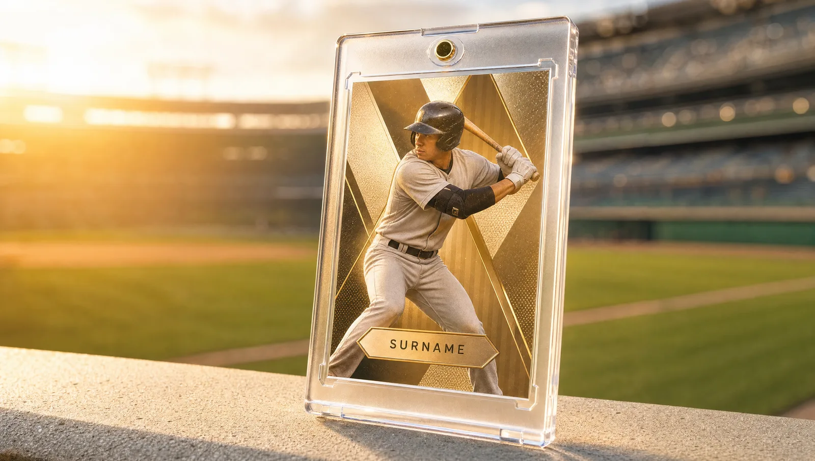 Custom baseball card format template shown in a clear magnetic display case