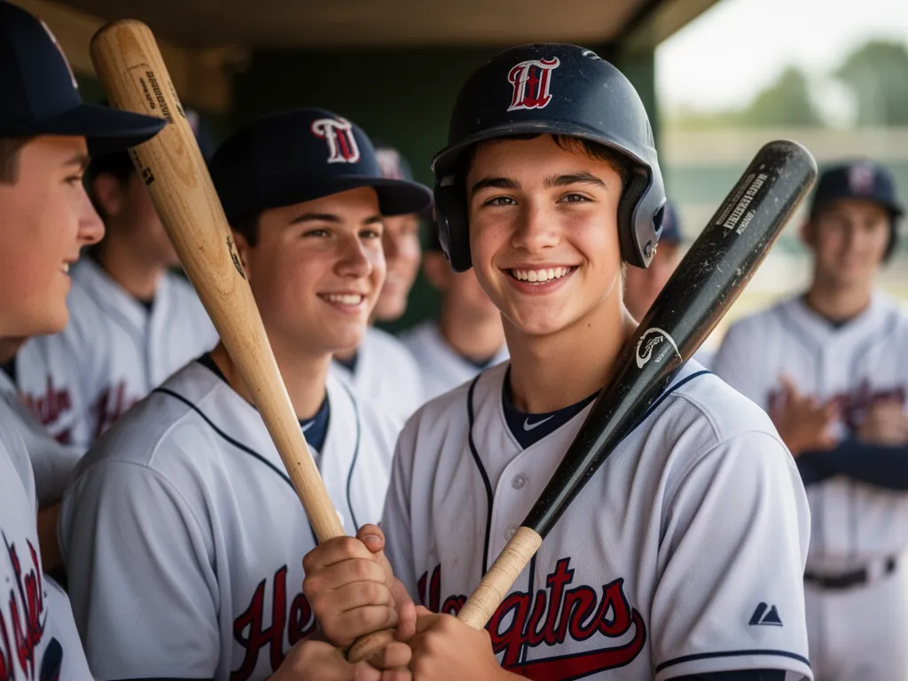 Young baseball player smiling in dugout with teammates celebrating in background