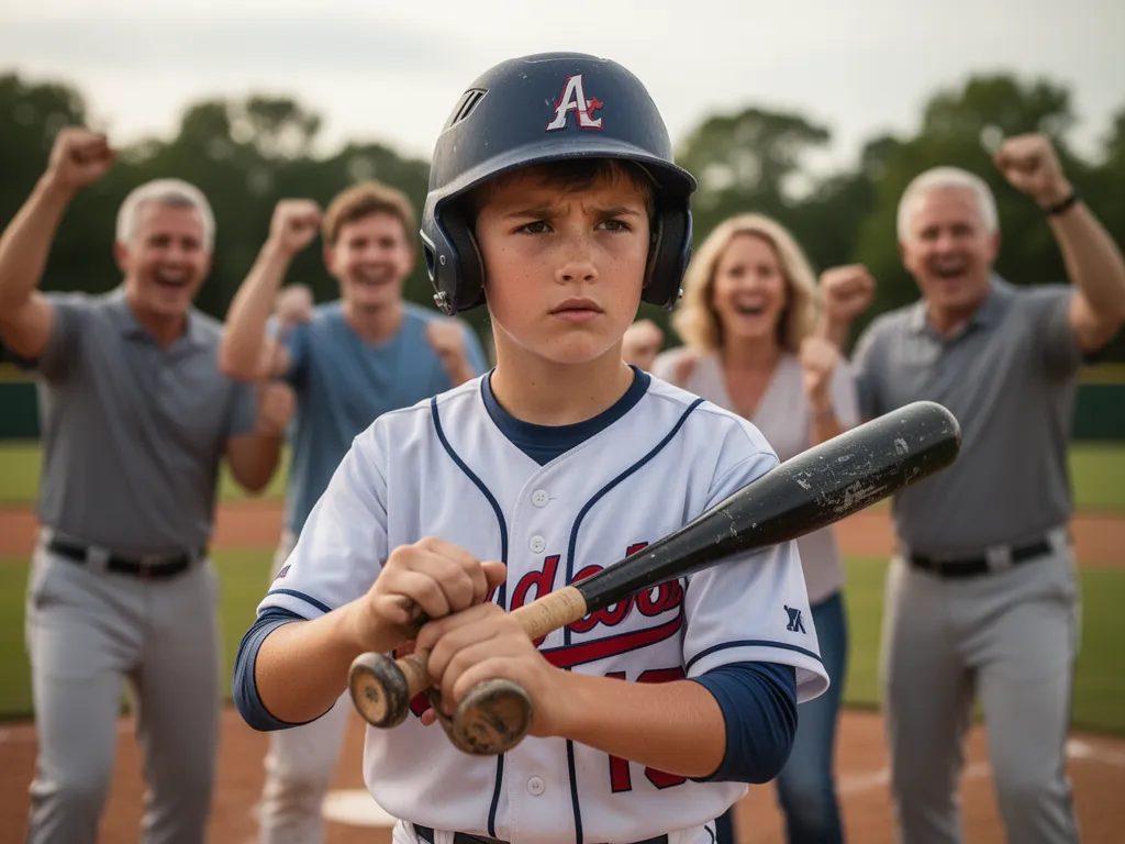 Young baseball player concentrating with supportive family members visible in the background