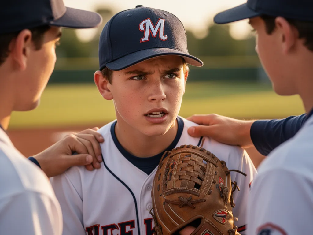 Young baseball player wearing uniform smiling with teammate's supportive hand on shoulder