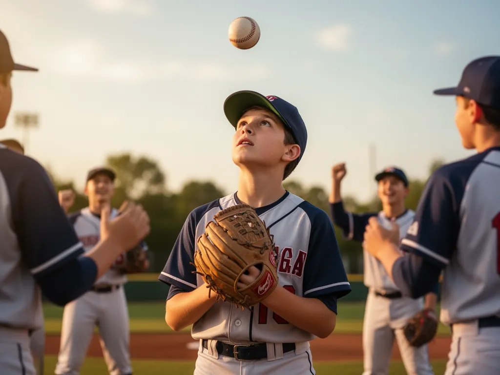 Young player watching baseball fly into sky with hopeful concentrated expression and glove raised