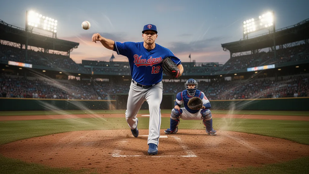 Professional baseball pitcher throwing fastball with catcher positioned at home plate during evening game