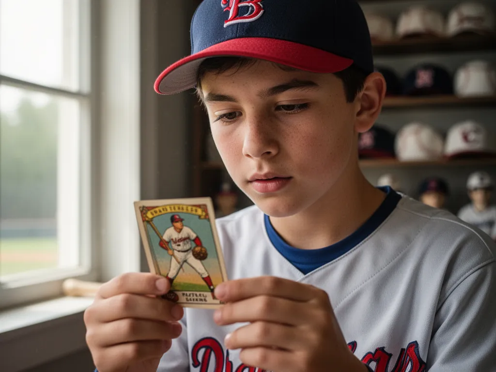 Young baseball collector studying vintage card with concentrated expression and natural lighting