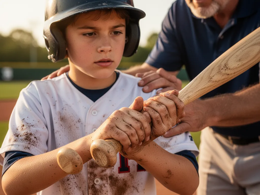 Young baseball player holding bat with coach offering guidance and encouragement during practice