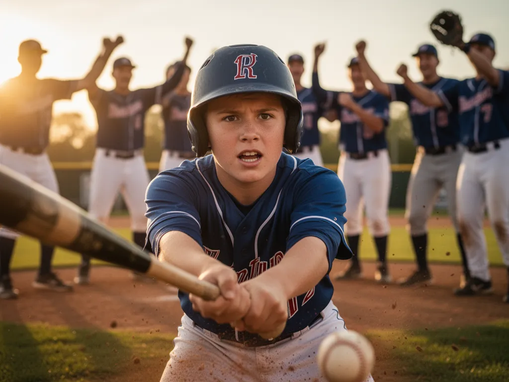 [young baseball player showing determination after hitting the ball during game]