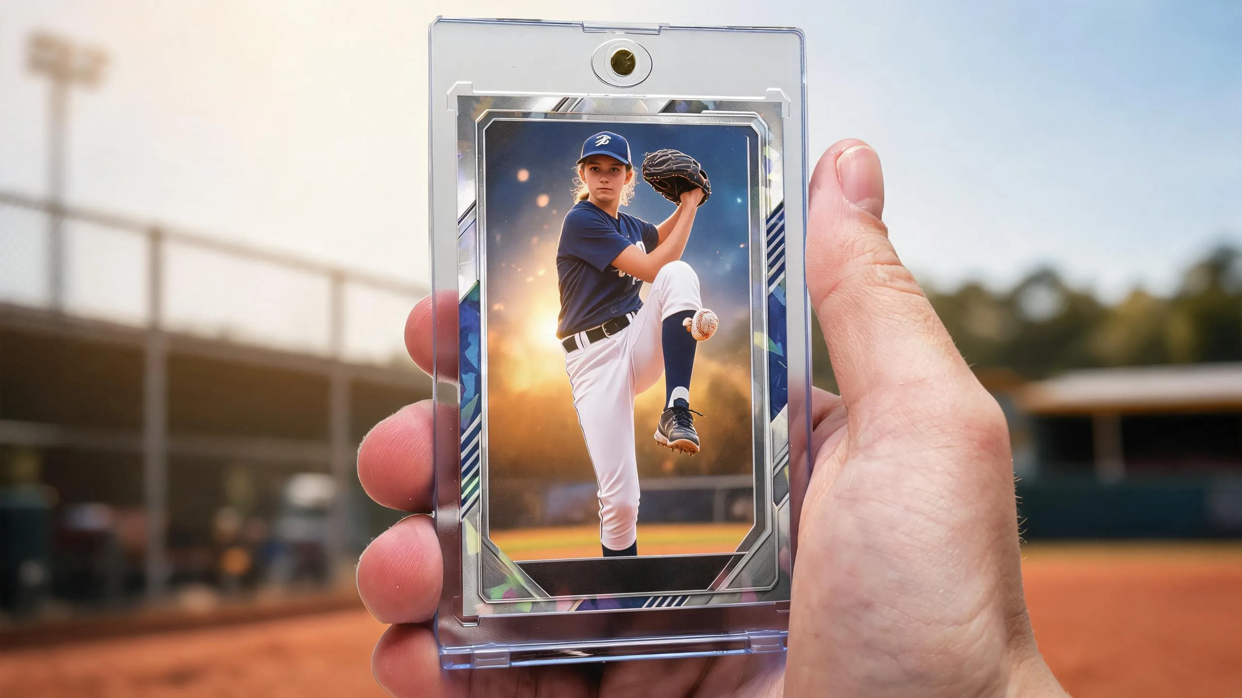 Hand holding a magnetic case showing a baseball card layout with a pitcher under stadium lights.