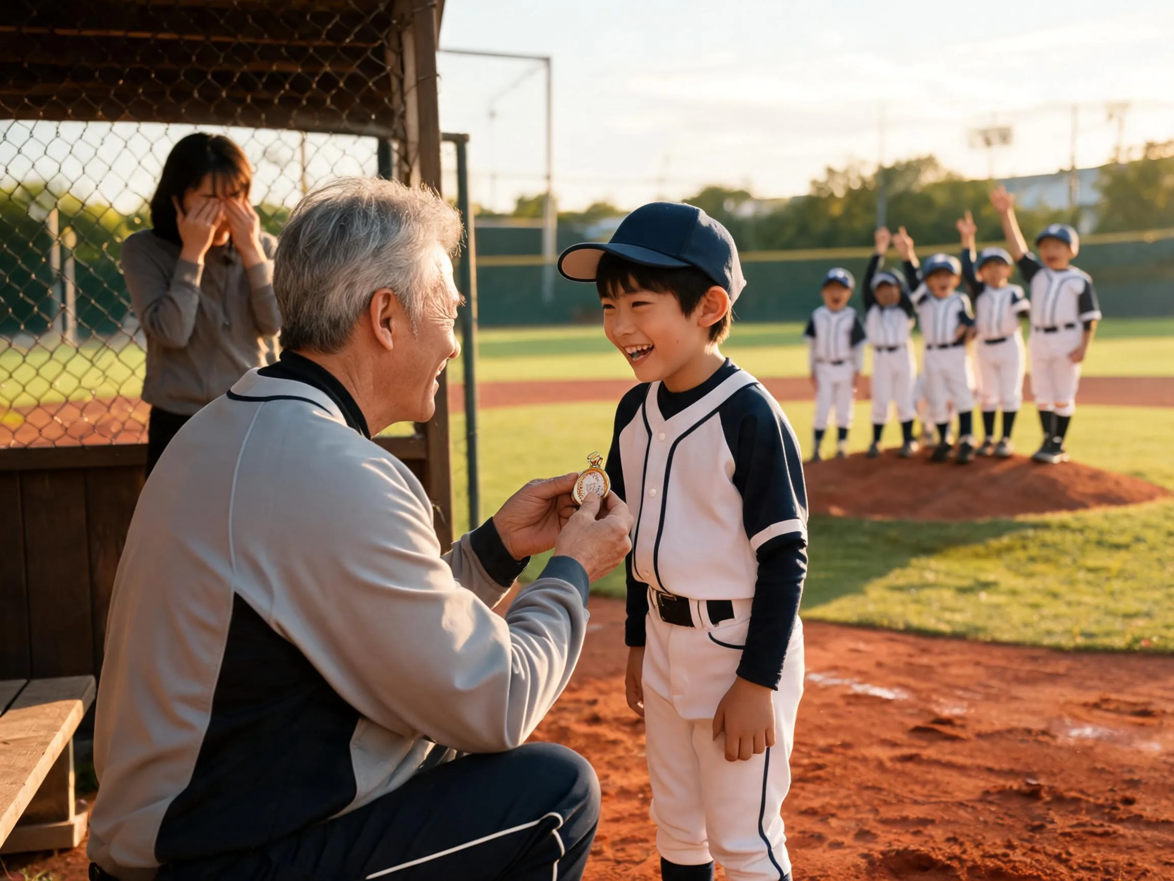 Coach kneeling to celebrate with a young baseball player as parents watch proudly nearby.