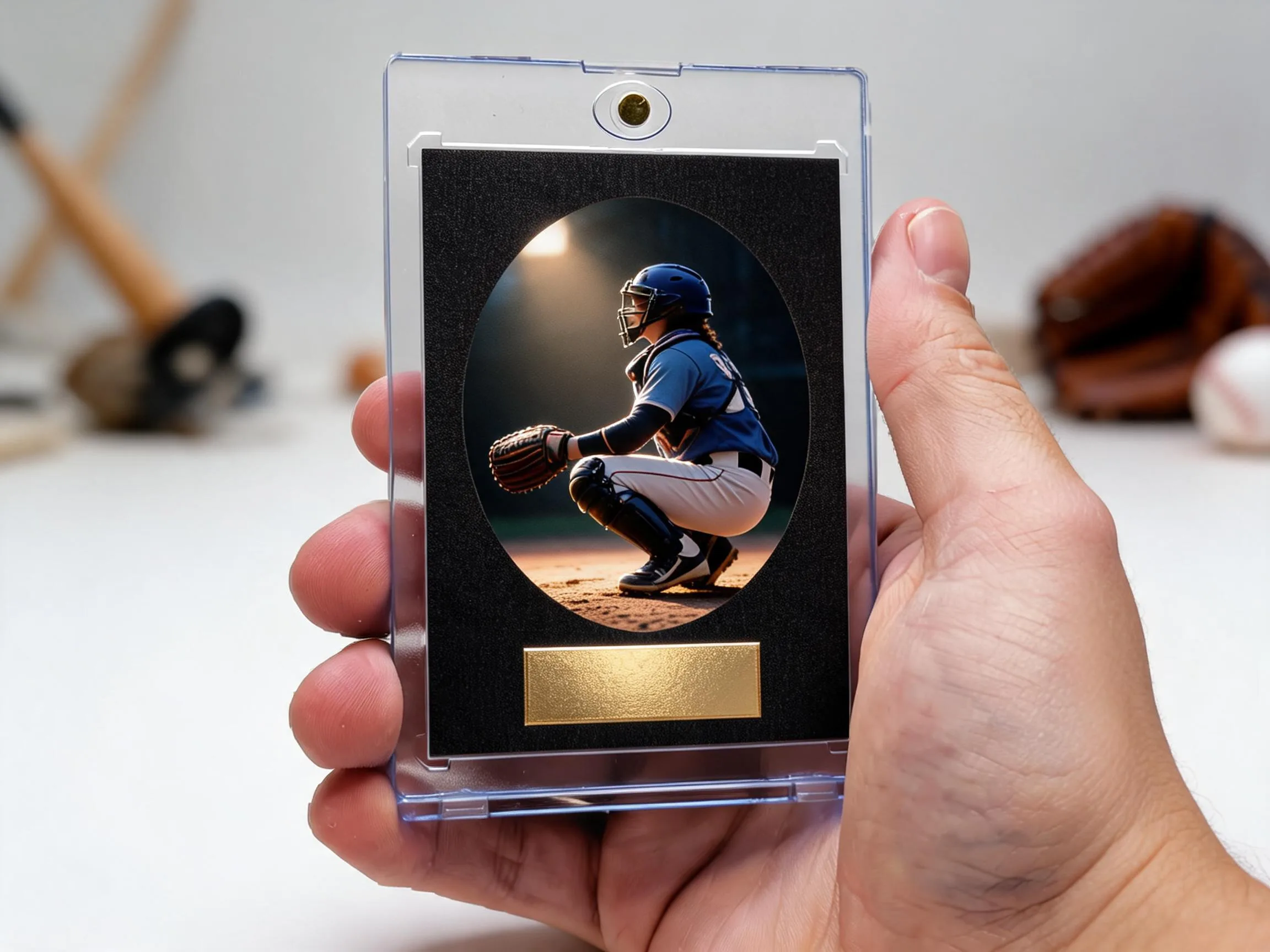 Custom baseball trading card in a magnetic case showing a catcher in gold and blue tones.