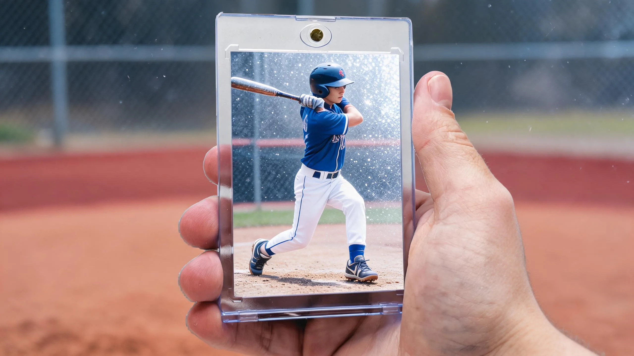 Hand holds magnetic case with icy blue refractor baseball card logo design, batter mid-swing.