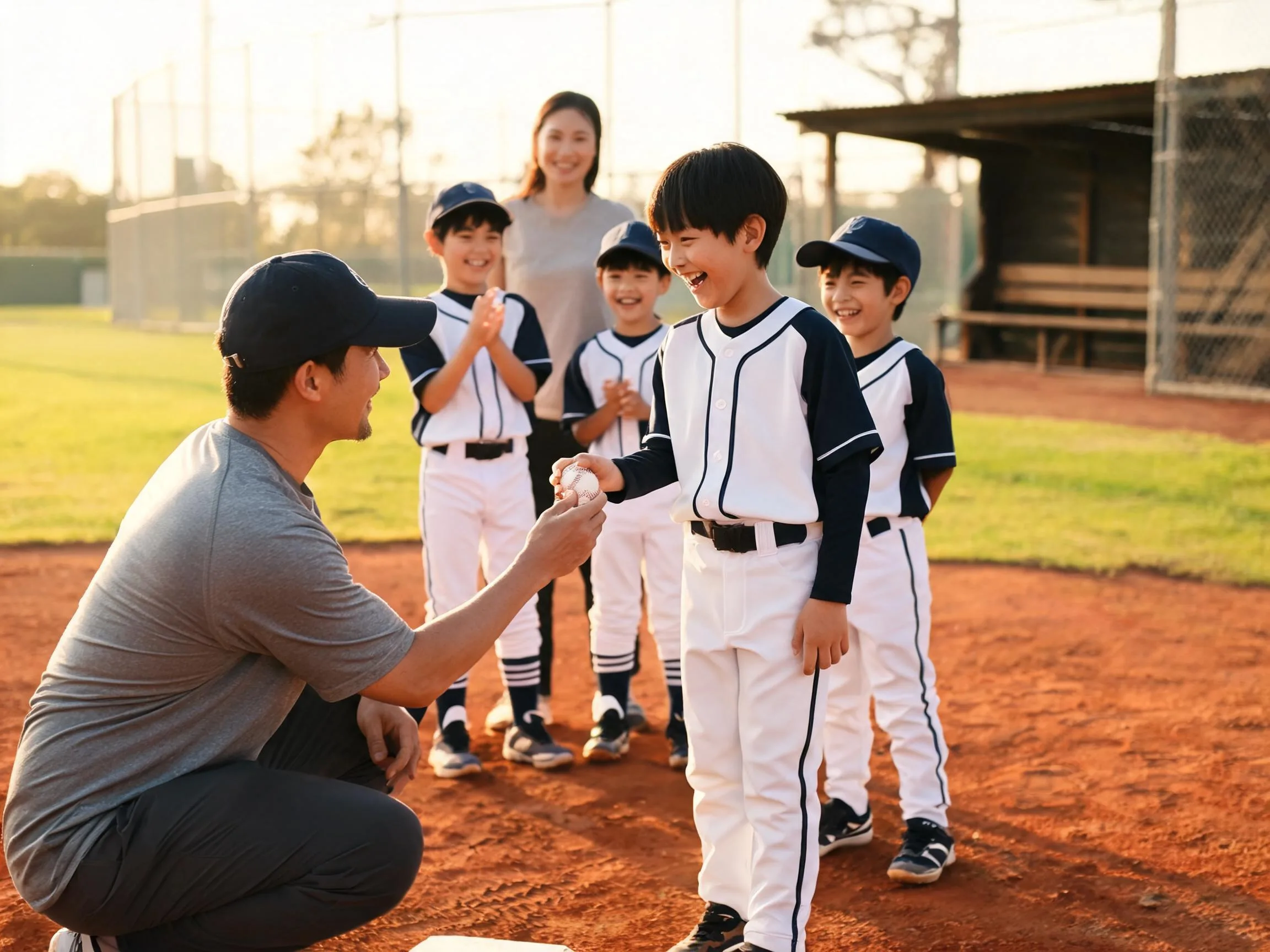 Coach and young athlete share a warm moment at sunlit baseball field dugout.