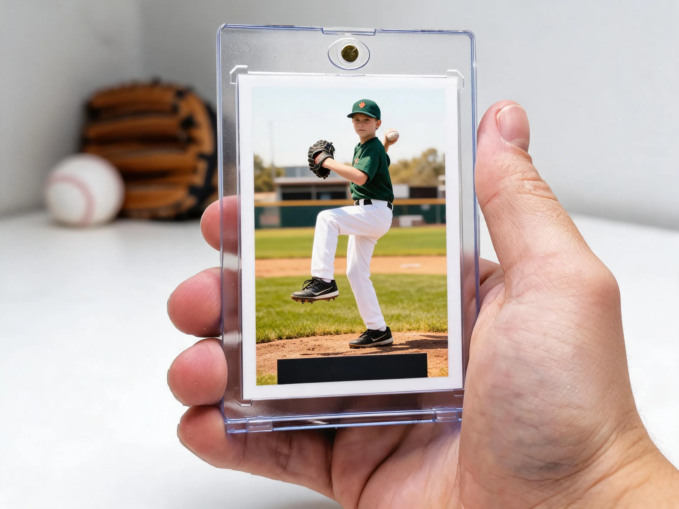 Custom baseball trading card in clear magnetic case, sunlit pitcher design, close-up product shot.