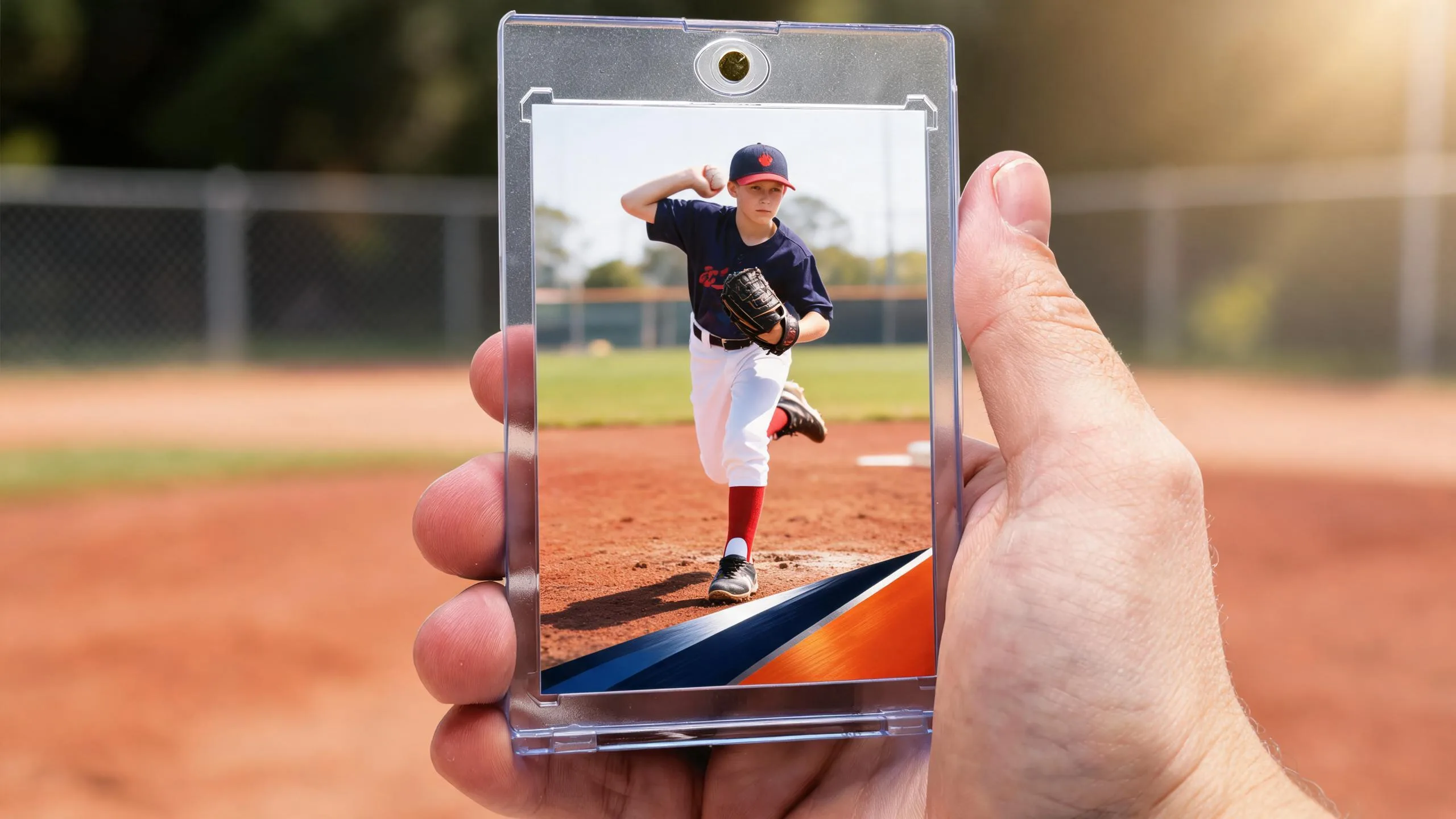 Hand holding baseball card maker app case with diagonal navy-orange pitcher card design.