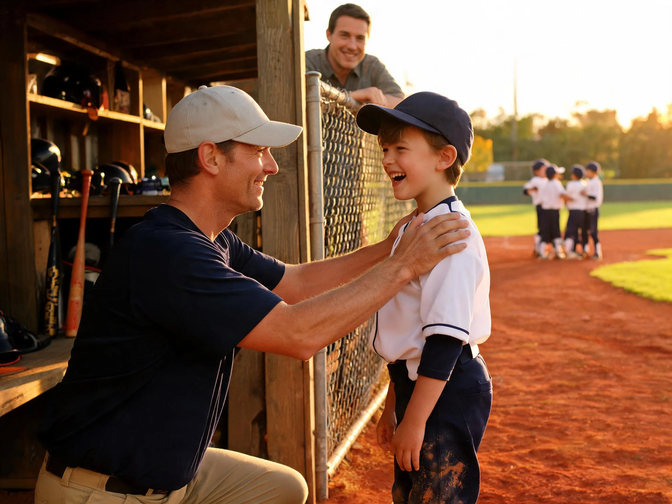 Coach and young player share proud moment on sunlit baseball field near dugout.