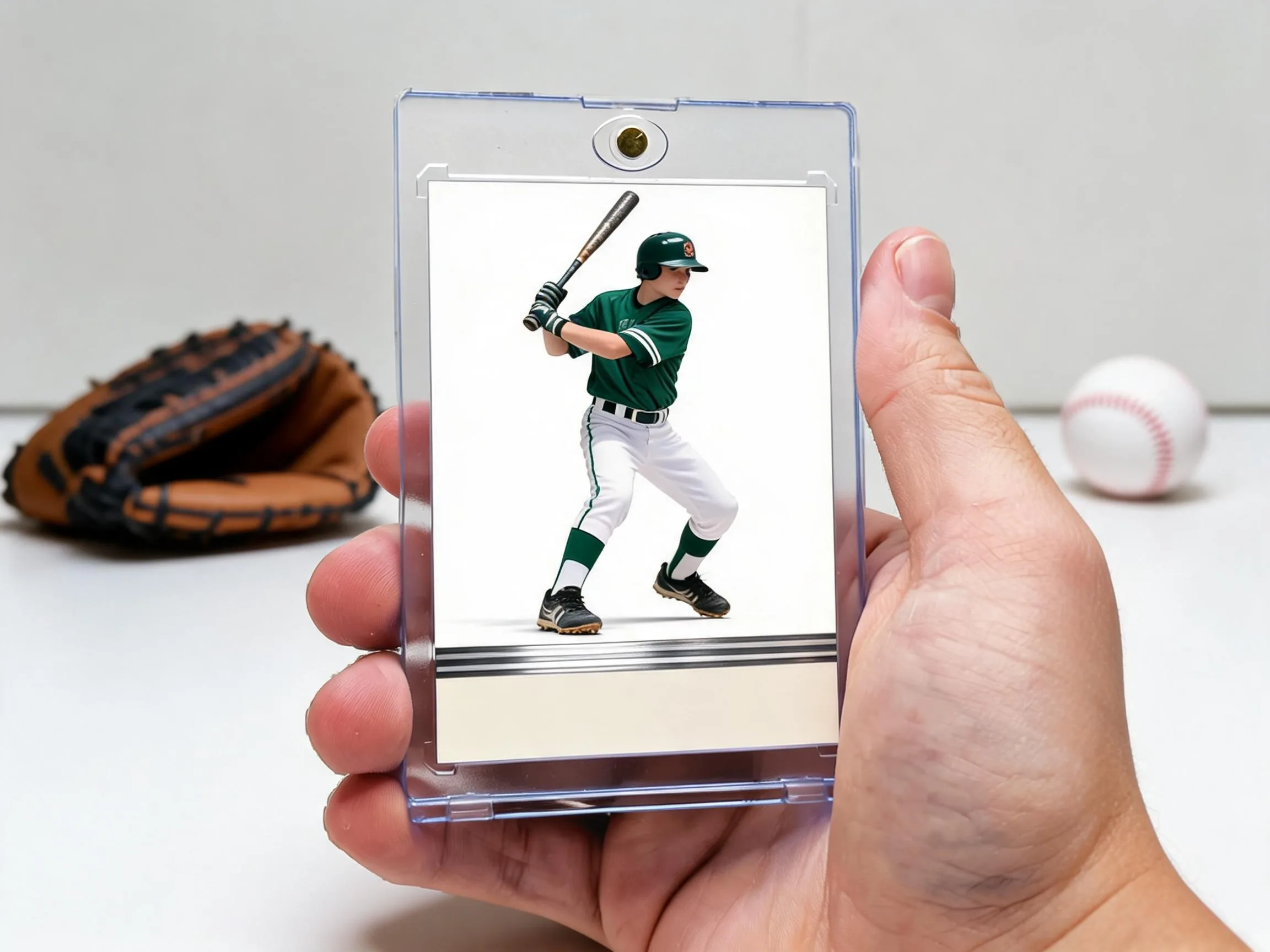 Custom baseball trading card in magnetic case with green-cream batter design.