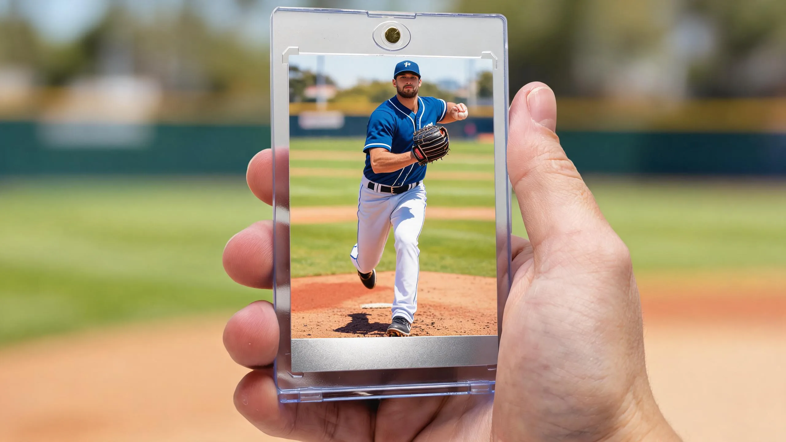 Hand holding baseball card maker free magnetic case with pitcher card on sunny diamond