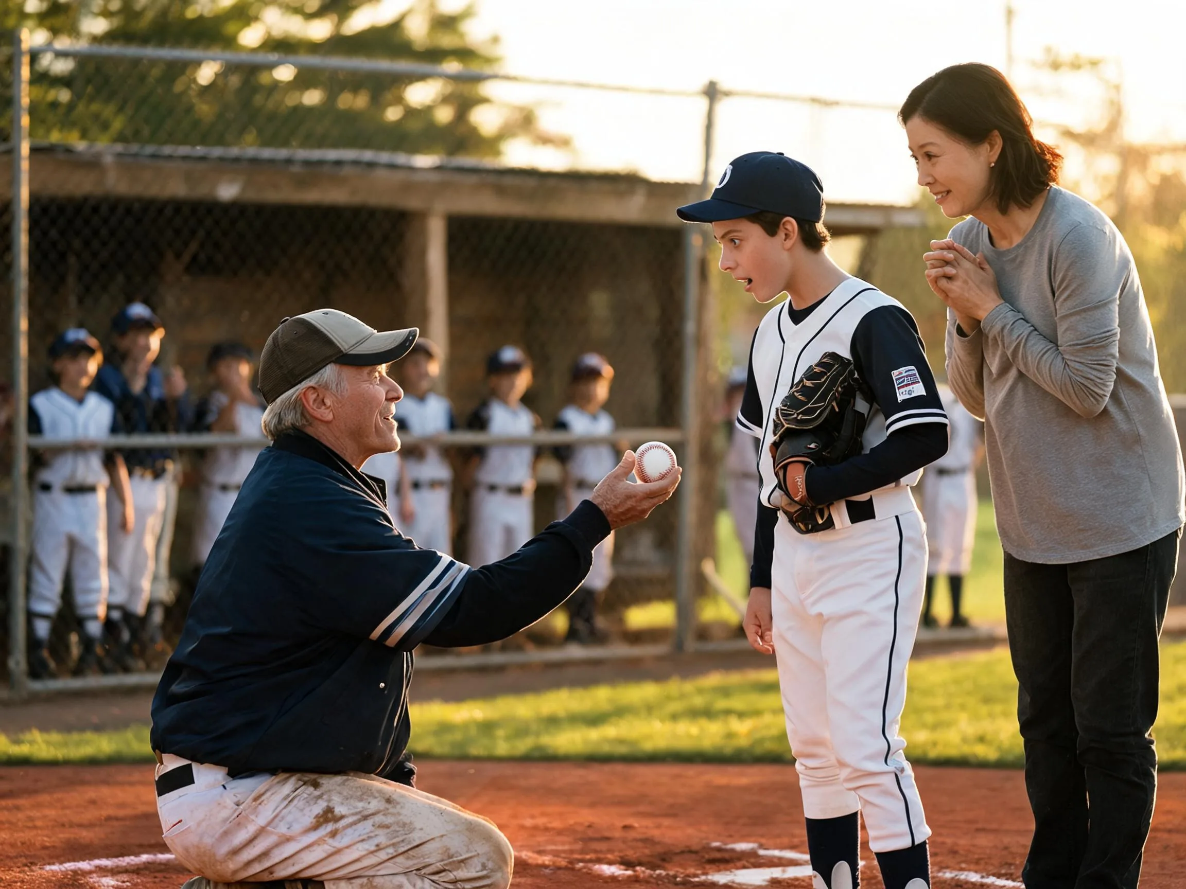 Coach and proud parent share emotional moment with young athlete on baseball diamond