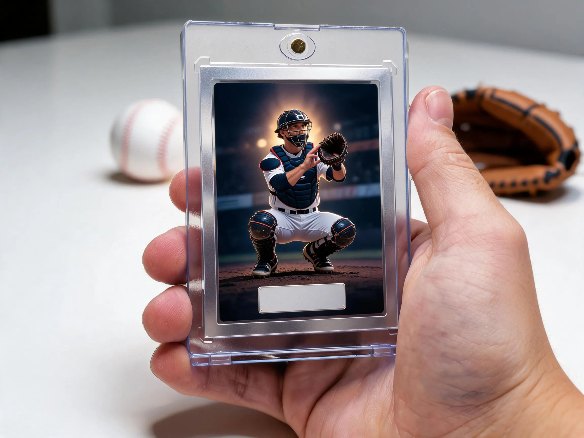 Custom baseball trading card in magnetic case showing stadium-night catcher design
