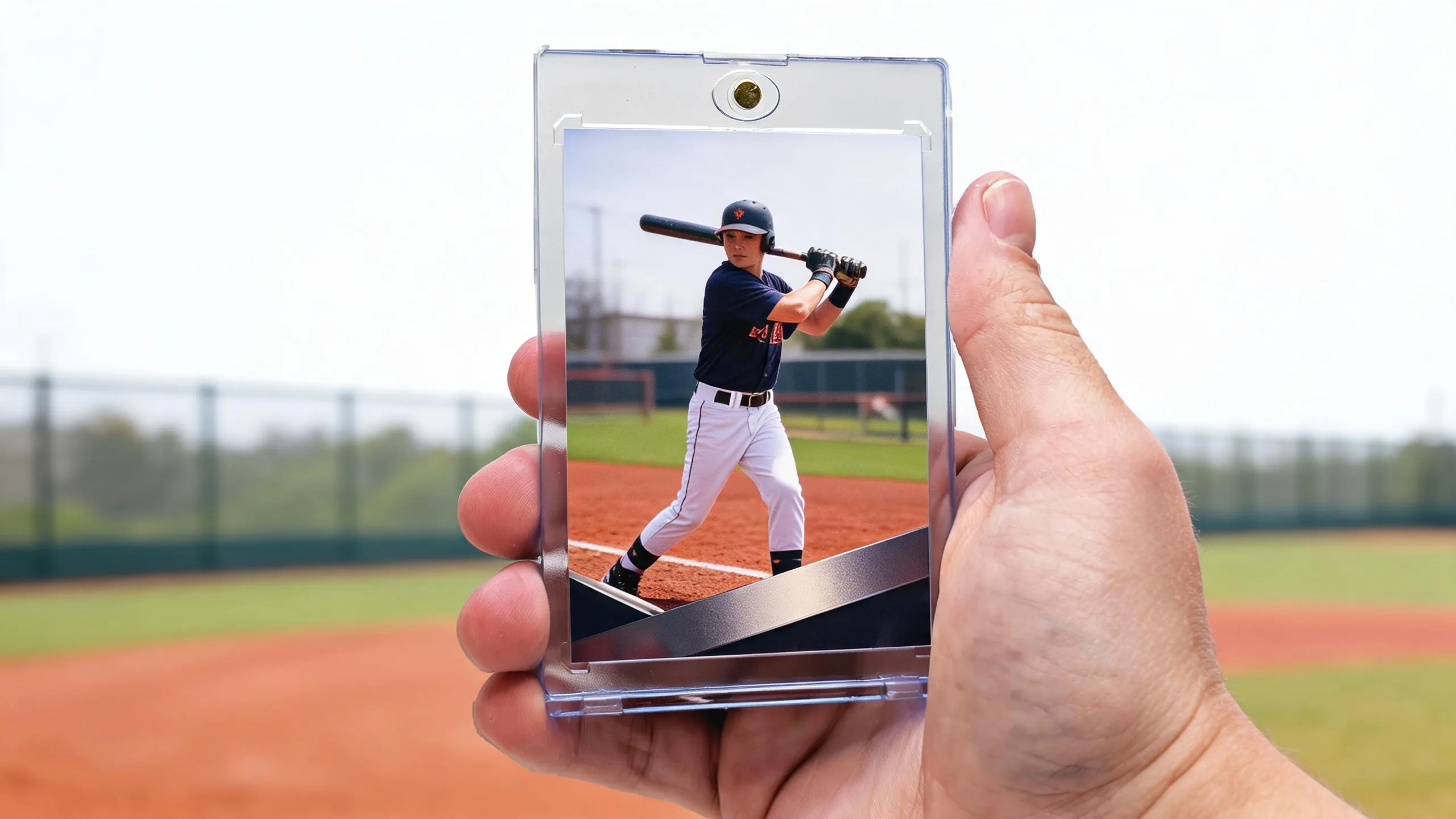 Hand holding magnetic case from a baseball card maker online, batter card with copper diagonal band.